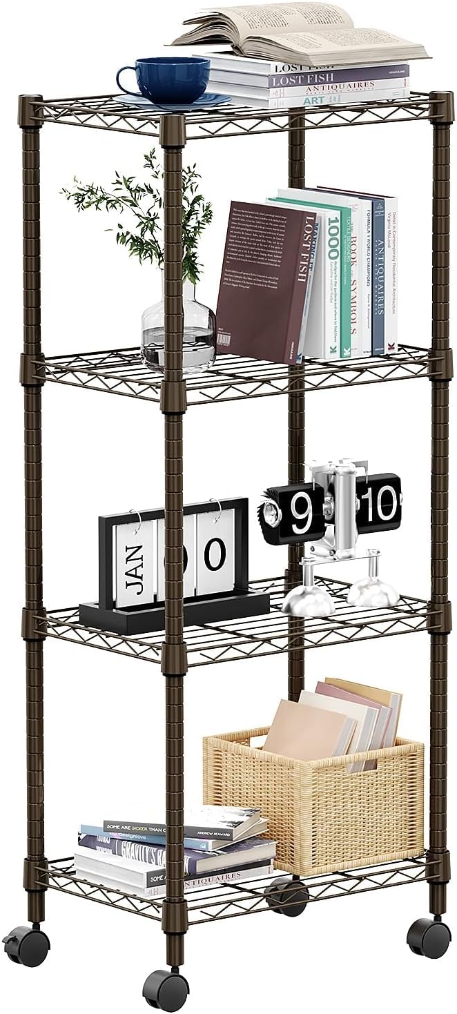 M MZG 1000 lbs 4-Shelf Adjustable Heavy Duty Steel Wire Rack, Adjustable Storage Shelving Unit with Wheel for Kitchen, Garage, Laundry Brown 11.8" D x 17.7" W x 40.8" H by MEIGAOPLASTICANDMETALHKCOLIMITED