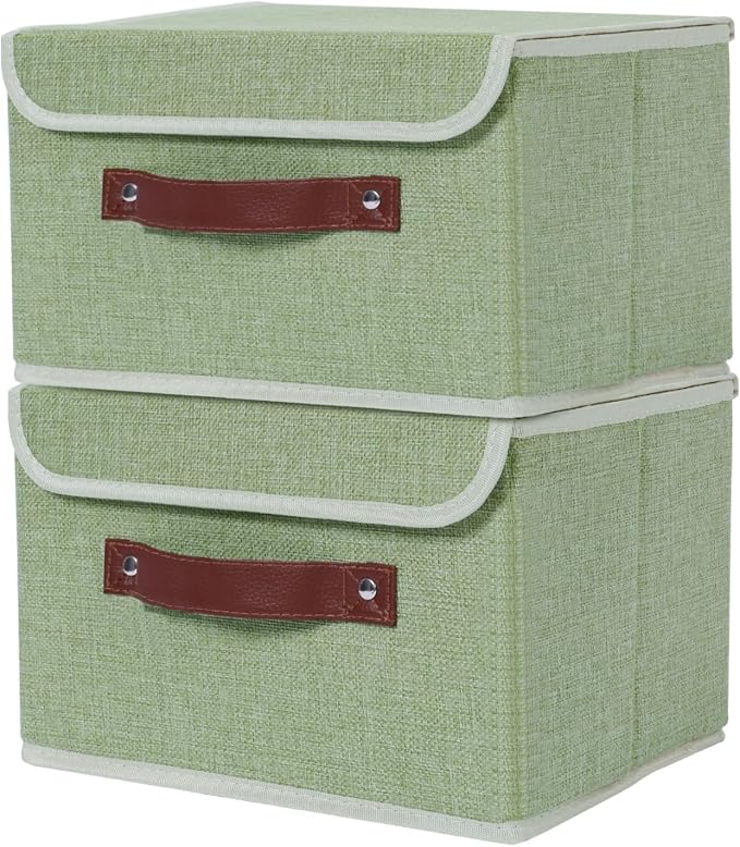 ANMINY 2PCS Storage Bin with Lid Storage Boxes with PU Leather Handles PP Plastic Board Decorative Foldable Lidded Cotton Linen Fabric Home Cubes Baskets Closet Organizer Container - Green, Medium by ANMINY