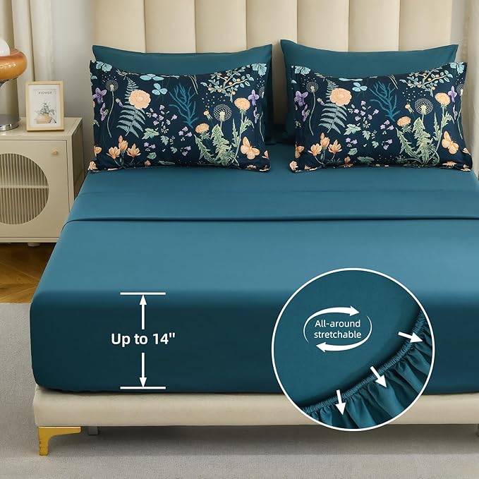 Yiran Comforter Set Queen Size, 7 Piece Peacock Blue Floral Comforters Lightweight Bedding Set Bed in a Bag Soft Microfiber Complete Botanical Beds Sets with Sheets for All Season Winter Spring