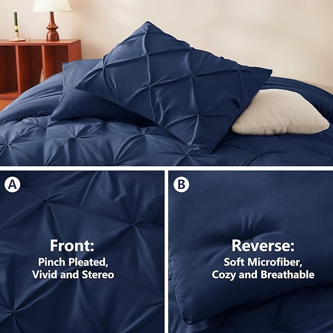 CozyLux Oversized King Comforter Sets Navy Blue, 7 Pieces Oversized King Pintuck Bed in A Bag, Pinch Pleat Bedding Sets with All Season Comforter, Flat Sheet, Fitted Sheet, Pillowcases & Shams
