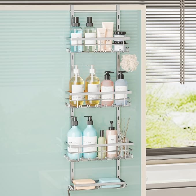 SWTYMIKI Over The Door Shower Caddy - 4 Tier Rustproof Hanging Shower Organizer with Adjustable Shelves, 40 Hooks & Soap Holder, Hanging Shower Rack Storage for Bathroom Accessories, Silver by SwtyMiki-TidyHomeSweetLife