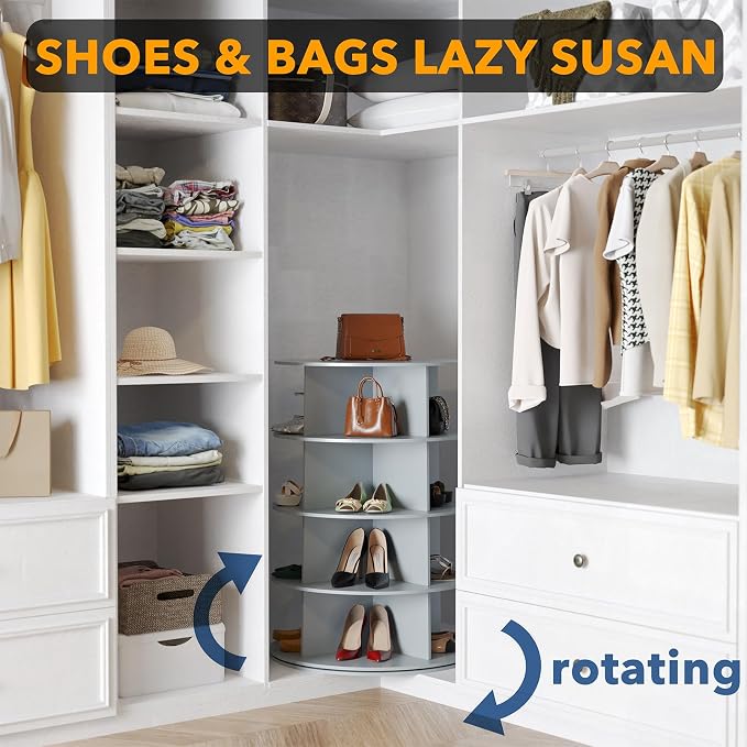 SpaceAid 4 Tier Rotating Shoe Rack Tower, Spinning Shoe Display Lazy Susan, Revolving 360 Shoe Rack Storage Round Carousel, Vertical Handbag Rotate Shoes Closet Organization (4-Tier Gray) - Image 4