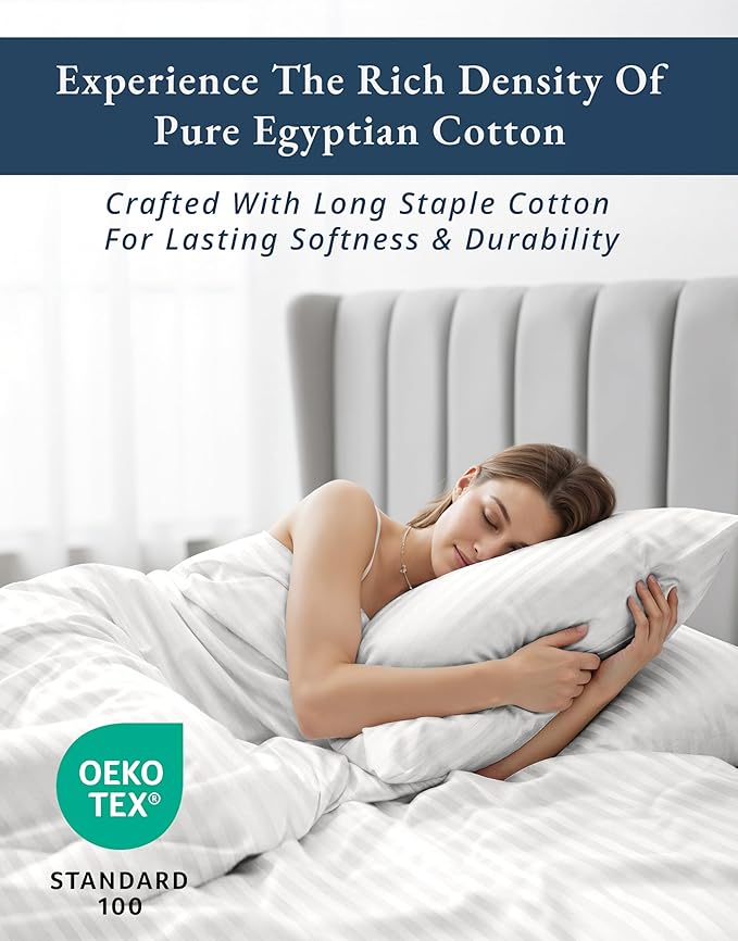 LANE LINEN Striped Sheets Set - 100% Egyptian Cotton 4 Piece Bed for King Size Hotel Bedding & Pillowcases 16" Deep Pocket (Fits Upto 17" Mattress) White