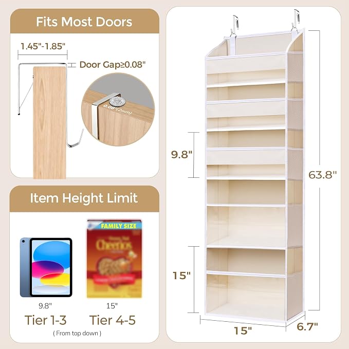 5 Tiers Over the Door Organizer with 10 Mesh Side Pockets, 44 lbs Weight Capacity Closet Hanging Storage Organizer with Large Clear Window Kids Toys, Shoes, Diapers, Beige - Image 8
