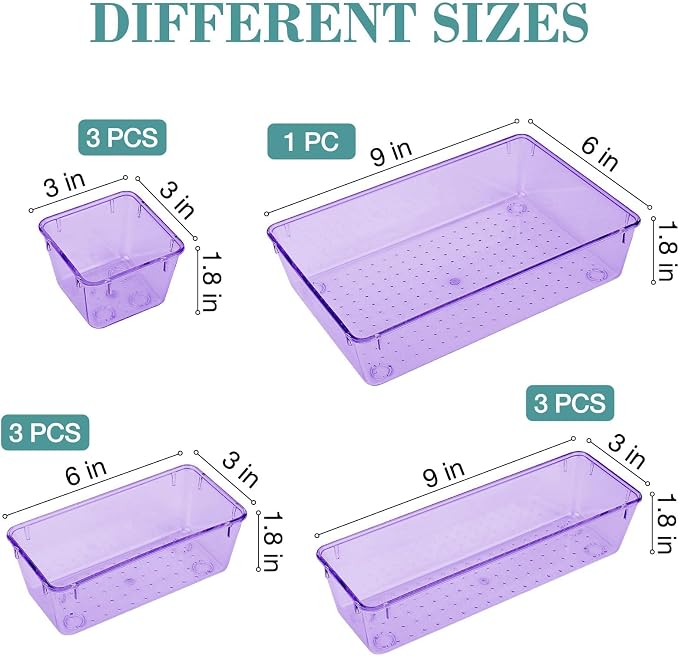 StorMiracle 10 PCS Drawer Organizer Set, 4 Varied Size Bathroom and kitchen Drawer cabinet organizer Trays, Clear Storage Bins for Makeup, Jewelry, Utensils and Gadgets, Purple - Image 2