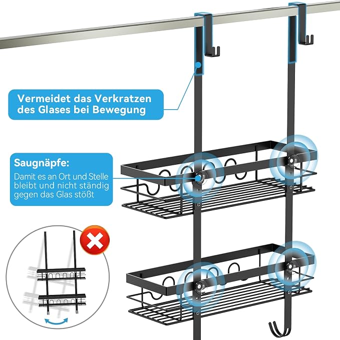 Over the Door Shower Caddy Hanging, 3-in-1 Rustproof Shower Organizer for Glass Door, No Drilling Shower Shelves with 4+3 Hooks, Wave Design, Stable, Adjustable Suitable for Kitchen/Bathroom/Balcony - Image 4
