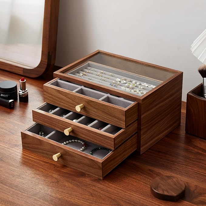 Black Walnut Jewelry Organizers and Storage,3 Layer Wooden Jewelry Boxes for Women,for Necklaces Ring Earring (3 Layer) by THFLSTR