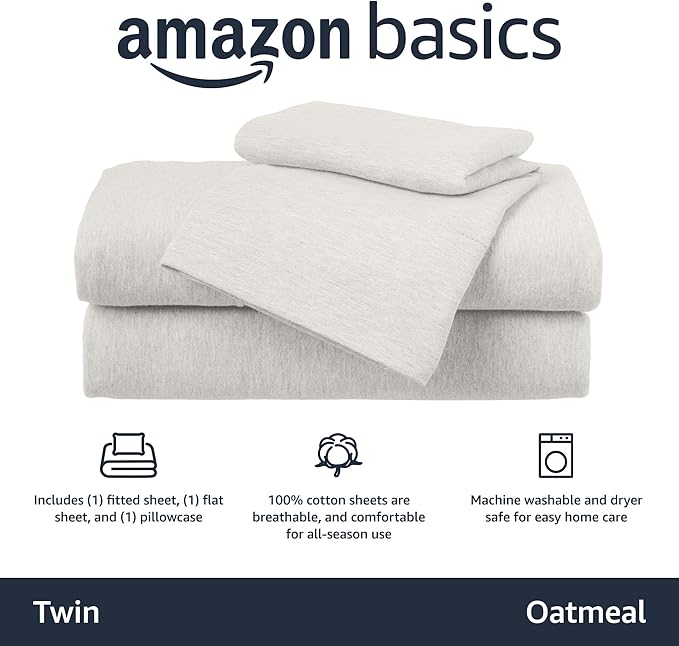 Amazon Basics 3 Piece Breathable, Stretchy 100% Cotton Jersey Knit Bed Sheet Set, Includes Flat and Fitted Sheets, Pillowcase, Light Weight, Machine Washable, Twin, Oatmeal, Solid