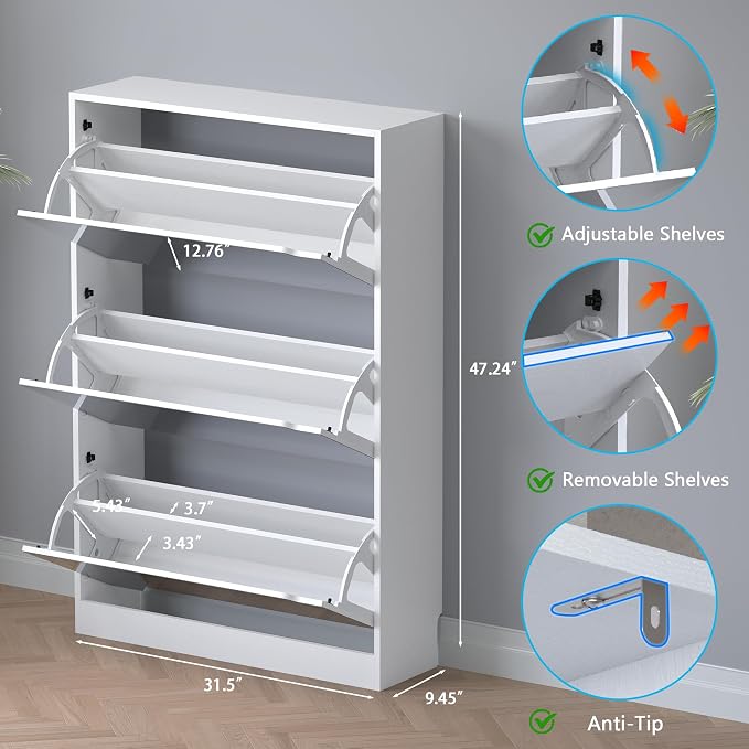 BORNOON Shoe Cabinet with 3-Flip Mirror Drawers, Freestanding Shoe Rack Organizer with Hidden Handle, Slim Narrow Shoe Storage Cabinet for Entryway, Entrance, Hallway, Bedroom - Image 2