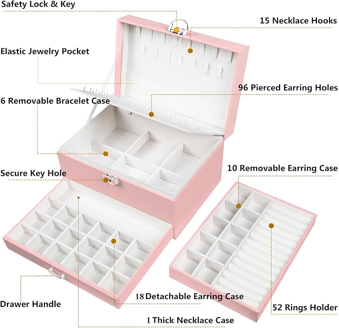 QBestry Earring Jewelry Box for Girls Pink, 5 Layers Jewelry Organizer with Lock Key Jewelry Boxes for Women Necklace and Earring Holder Organizer for Girls Teen Jewelry Box Earrings Case Xmas Gifts - Image 7