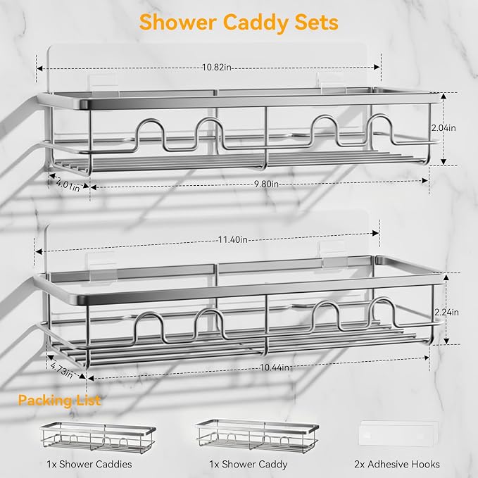 Adhesive Shower Caddy, Large Capacity Shower Racks for Inside Shower, No Drill Bathroom Shower Organizer and Storage, 2 Pack Silver Bathroom Shelves, Home Decor Rv Accessories, Apartment - Image 2