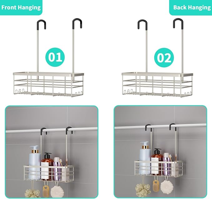 HapiRm Hanging Shower Caddy Organizer - No Drilling Shower Organizer with Hooks, Rustproof & Waterproof 304 Stainless Steel Bathroom Shelves - Brushed Nickel (1 Basket) - Image 4