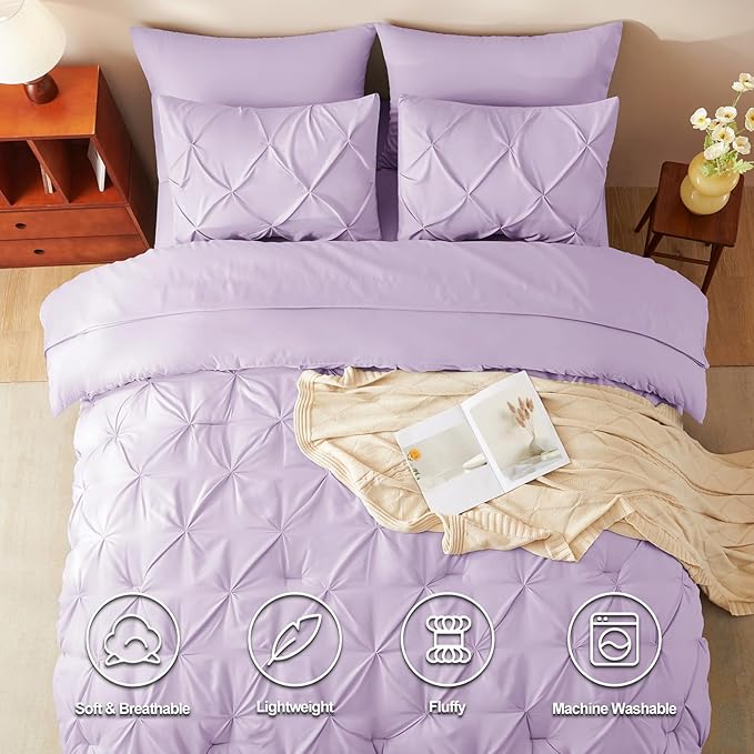 CozyLux Queen Comforter Set Lavender, 7 Pieces Pintuck Bed in A Bag, Premium Light Purple Comforter Queen Size, Pinch Pleat Bedding Sets with Comforter, Sheets, Pillowcases & Shams