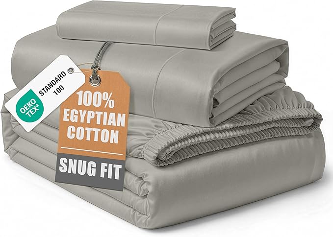 LANE LINEN 100% Egyptian Cotton Twin Sheets Set, Sustainably Produced Luxury Hotel Like Thick Twin Bed Sheets, Naturally Temperature Regulating Machine Washable Cotton Sheets - Silver