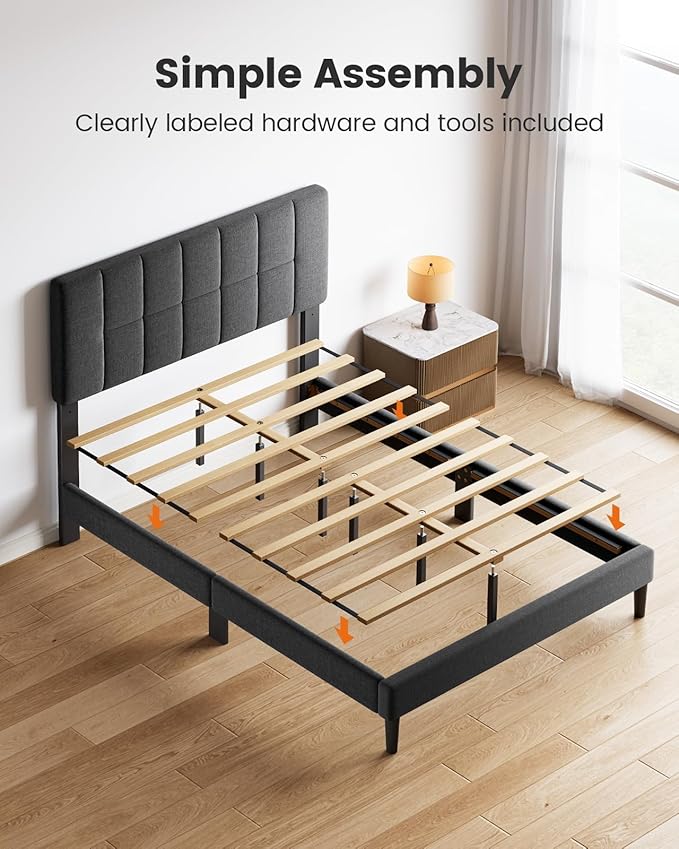 Pipishell Twin Bed Frames with 12 Thickened Legs&Fabric Upholstered Headboard,1300 Lbs Strong Weight Capacity, Adjustable Headboard, No Box Spring Needed, Easy Assembly, Underbed Storage（Solid Wooden）