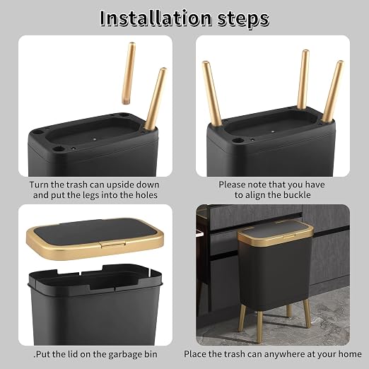 Procade Office Trash Can with Lid, Black Bathroom Trash Can with Gold Edge, Modern Narrow Garbage Can with Legs, Slim Plastic Trash Bin for Bedroom, Living Room,Kitchen,Toilet, 4 Gallon - Image 5