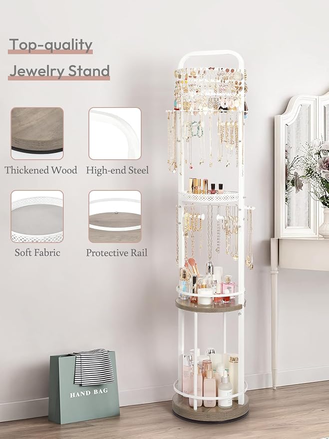 Jewelry Holder Organizer, Floor Jewelry Organizer with Earring Organizer Necklace Holder, Rotating Jewelry Stand Necklace Display Earring Storage, Large Hanging Jewelry Tree for Jewlery Bracelet Ring - Image 5