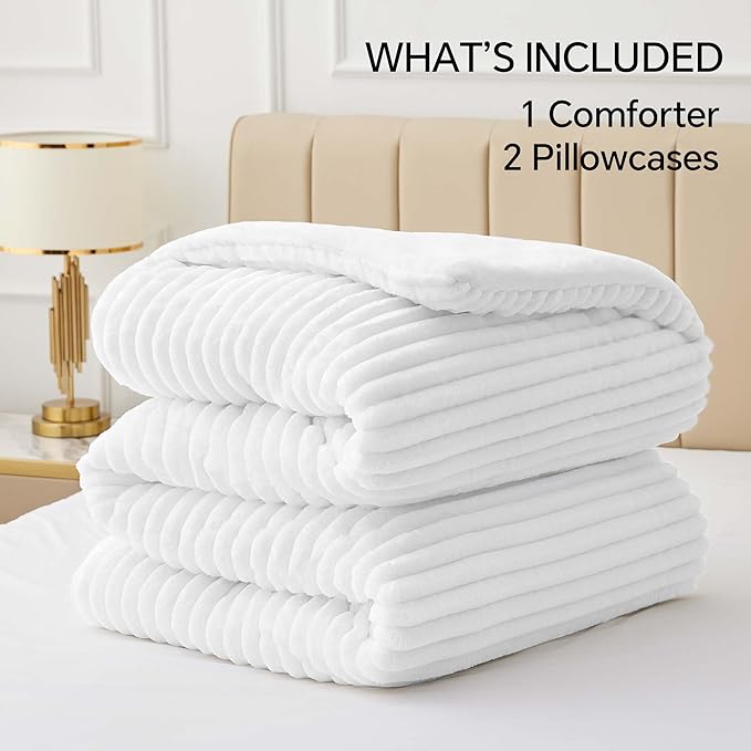 BEDELITE Fleece King Comforter Set -Super Soft & Warm Fluffy Bright White Bedding, Luxury Fuzzy Heavy Bed Set for Winter with 2 Pillow Cases