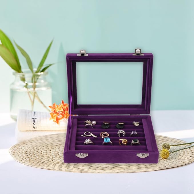 Jewelry Box Rings Organizer Tray 7 Slots Velvet Jewelry Earring Storage Box With Transparent Lid Jewelry Display Case for Girls Women (Purple) - Image 6