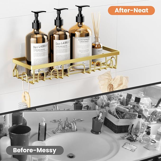 Shower Caddy, 5 Pack Shower Shelves for Inside Bathroom, Rustproof Adhesive Bathroom Organizer with Soap Holder, No Drilling Washroom Organizers and Storage for Bathtub Room/Kitchen/Home, Gold - Image 7