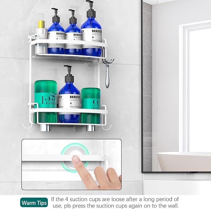 Meangood Shower Caddy Over Shower Head, White Anti-Swing Hanging Shower Caddy with 4 Remove Hooks for Razor, Sponge, Towels Rustproof Shower Organizer for Bathroom - Image 3
