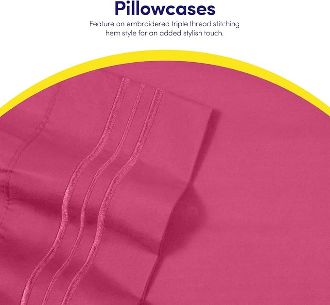 Full Size Sheet Set with Built-in Sheet Straps - Deep Pocket Fitted Sheet, Flat Sheet & Pillowcases - Soft, Wrinkle-Free, Secure Fit - Fuschia
