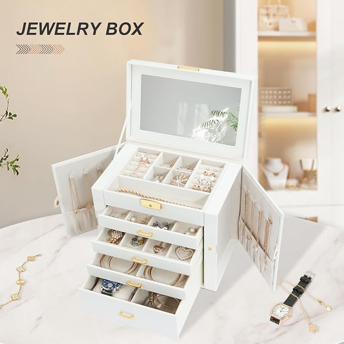 Jewelry Box for Women, 5-Layer Jewelry Organizers Box, Large Jewelry Storage Box for Girls, Jewelry Holder Organizers Gift for Valentine's Day, Christmas, New Year (White) - Image 2