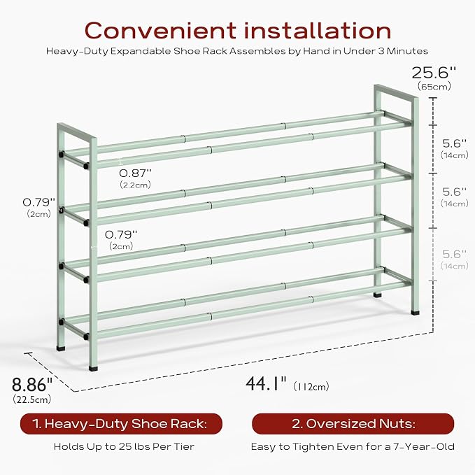 Bumusty 4-Tier Long Expandable Shoe Rack for Closet, 18"-44" Adjustable Shoe Rack for Entryway, 20-24 Pairs Large Shoe Organizer Shelf Storage, Sturdy Metal, Green - Image 3