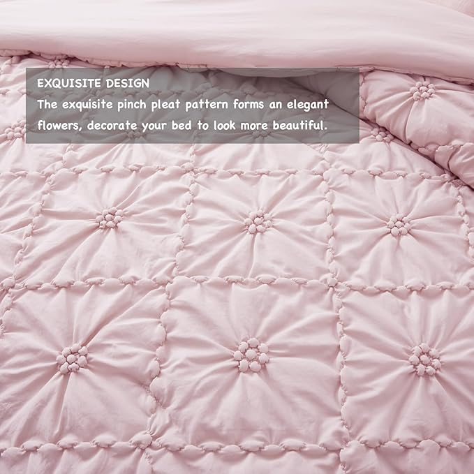 BEDAZZLED Queen Size Comforter Sets, Pink Bedding Comforter Set, 3 Pieces Pinch Pleat Bedding Sets with Comforter and Pillowcases Soft Farmhouse Shabby Chic Comforter for All Seasons