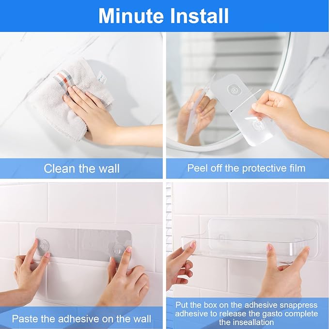 Diesisa Acrylic Wall Mounted Shower Caddy, Clear, Large Size 4D x 12.8" W x 3.3" H, Acrylic Shelf, No Drilling Walls Adhesive Shelf, Bathroom Shelves with Self Adhesive Tape for Bathroom, Kitchen - Image 5
