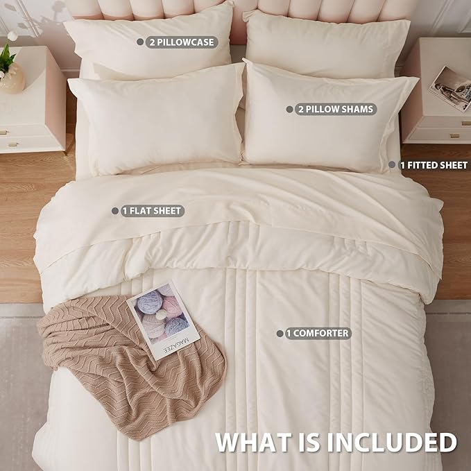 Queen Comforter Set Beige - Bed in a Bag Queen Size 7 Pieces, Soft Bedding Set for All Seasons, Premium Queen Comforter Set with Comforter, Sheets, Pillowcases & Shams