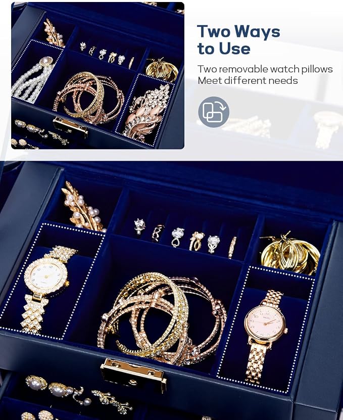 Homde Mothers Day Gifts Synthetic Leather Huge Jewelry Box Mirrored Watch Organizer Necklace Ring Earring Storage Lockable Gift Case (Dark Blue + Gold) - Image 4