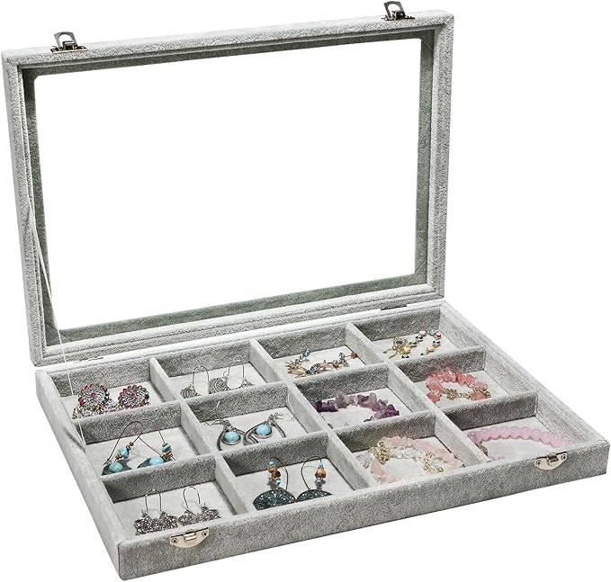 Stratalife Jewelry Holder Organizer Jewelry Organizer Box Bracelet Storage Velvet Jewelry Tray with Clear Lid Jewelry Drawer Organizer Jewelry Display Tray 12 Grid Grey by Stratalife