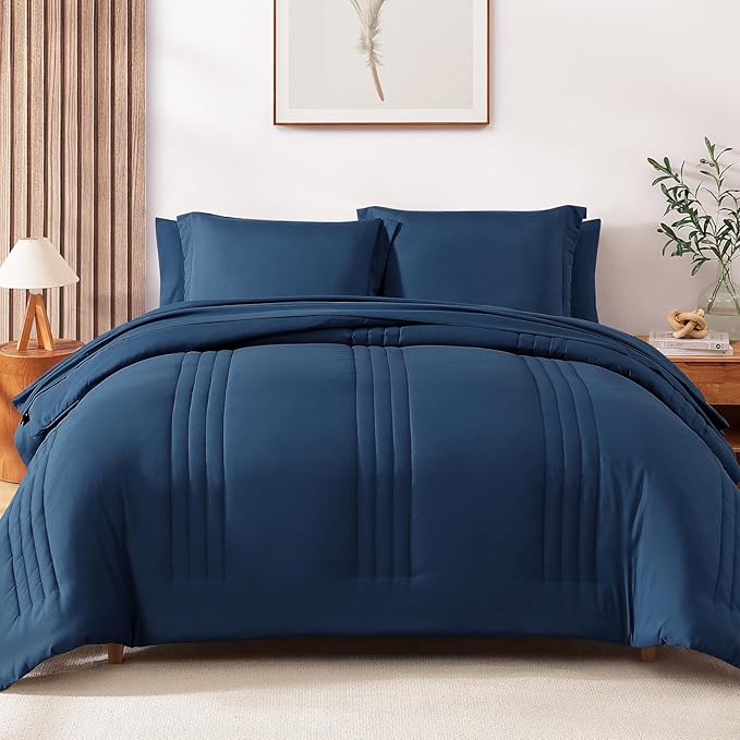 Monbix Full Size Comforter Set - 7 Pieces Serenity Blue Bed in a Bag, Full Size Bedding Sets with Comforters, All Seasons Comforter with Sheets,Pillowcases & Shams