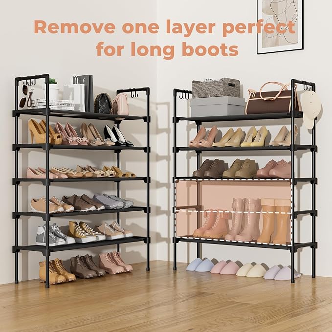 LANTEFUL 5 Tier Shoe Rack for Closet Shoe Organizer with 5 Hooks, Long Shoe Shelf Storage for Shoe and Boot Stackable Free Standing Shoe Rack for Entryway, Garage, Small Spaces, Dorm, Black - Image 5