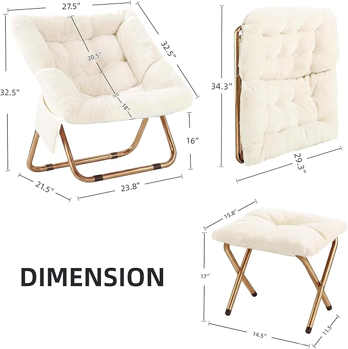 Kasunpul Comfy Saucer Chair, Foldable Living Room Chairs, Soft Faux Fur Lounge Chair for Bedroom, Reading Chairs for Adults, Teens, X-Large (White)