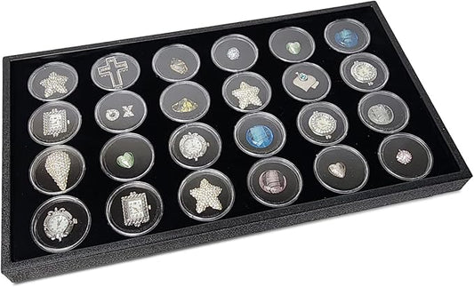 Ikee Design 24 Gem Showcase Stackable Jewelry Display Tray for Collectibles, Rock Storage Box Gemstones Bead Storage Jars, Black Foam, Black Tray, 14 7/8W x 8 3/8D x 1H in by IkeeDesign