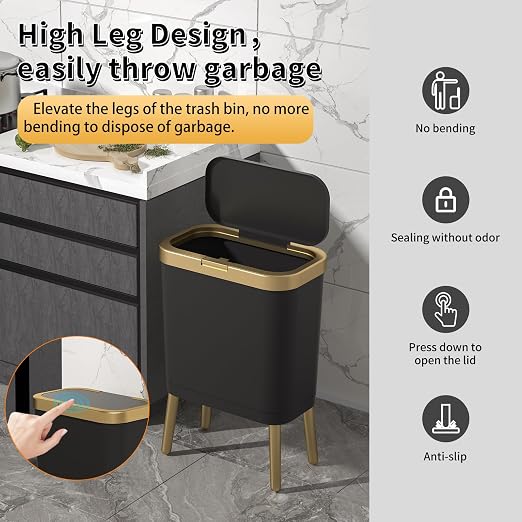 Procade Office Trash Can with Lid, Black Bathroom Trash Can with Gold Edge, Modern Narrow Garbage Can with Legs, Slim Plastic Trash Bin for Bedroom, Living Room,Kitchen,Toilet, 4 Gallon - Image 4