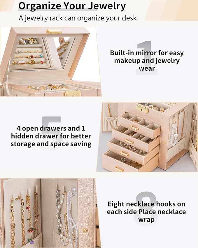 AKOZLIN 5-Tier Jewelry Box Leather Jewelry Storage Organizer with 4 Drawers Lockable for Women Girls Ring Necklace Earring Bracelet Watches Holder with Mirror Champagne - Image 5