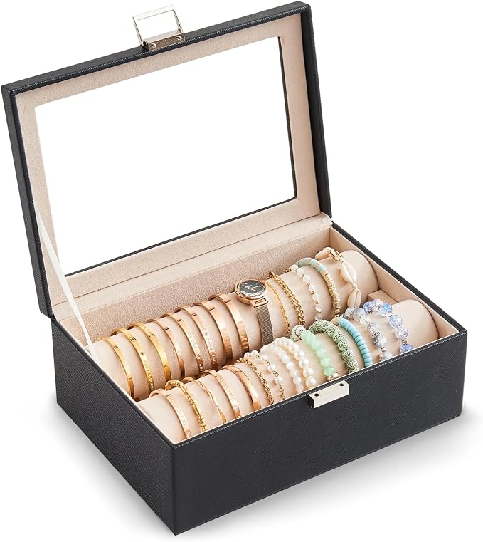 Lolalet Bracelet Display Holder with Rods for Bangles Watches, Clear Lid Jewelry Organizer Box Storage Case for Mothers Day Gifts -Black, 2 Rolls by Lolalet