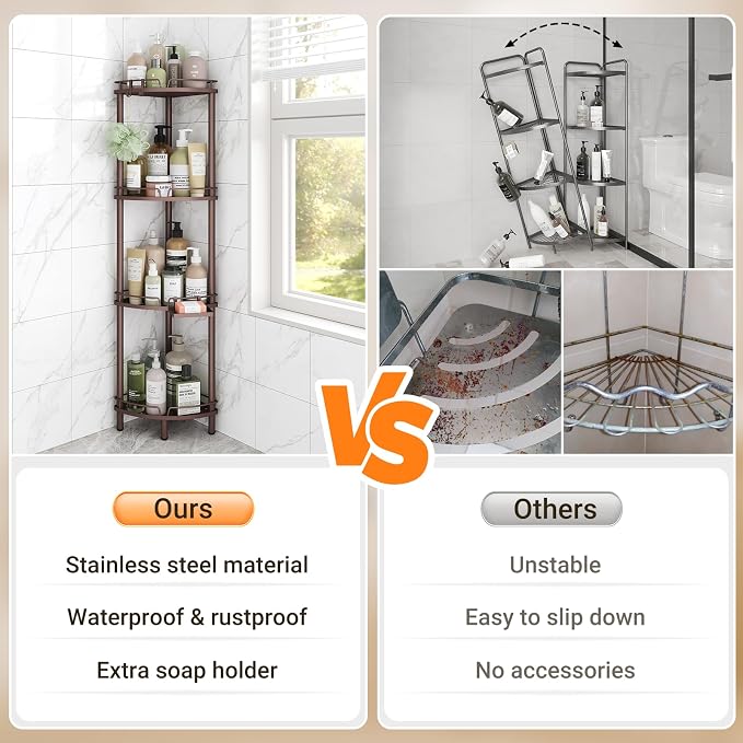ELYKEN Corner Shower Caddy Standing, 4 Tier Rustproof Metal Shower Organizer with Soap Holder, Floor Shower Corner Shelf Rack Storage Stands with Adjustable Feet & 2 Hooks for Bathroom, Bronze - Image 7