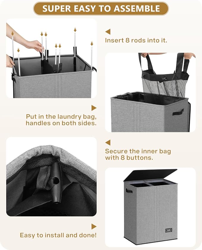 SOLEDI Double Laundry Hamper with Lid, 130L Clothes Hamper 2 Section, Laundry Basket with Removable bag, Bed room decor aesthetic, laundry room organization, Home and dorm room essentials - Image 7