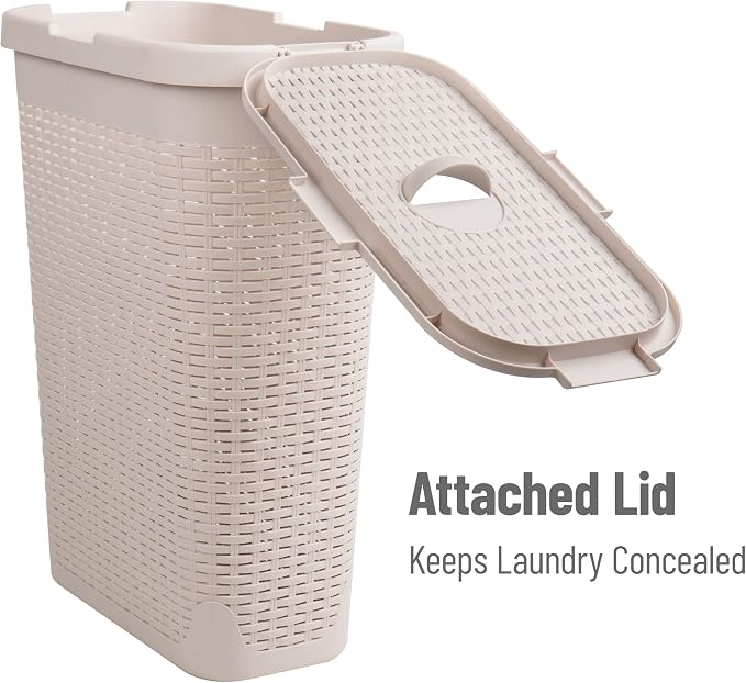 Mind Reader Slim Laundry Hamper with Lid, 40L Clothes Basket, Narrow Tapered Design with Ventilated Cutout Pattern, Plastic, Ivory - Image 5