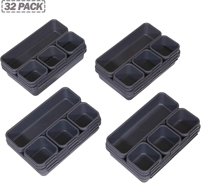 Set of 32 Interlocking Desk Drawer Organizer Tray Dividers Plastic Shallow Narrow Drawers Organizers Separators Storage Bins Container for Kitchen Bathroom Makeup Office Vanity Bedroom Dresser - Image 7