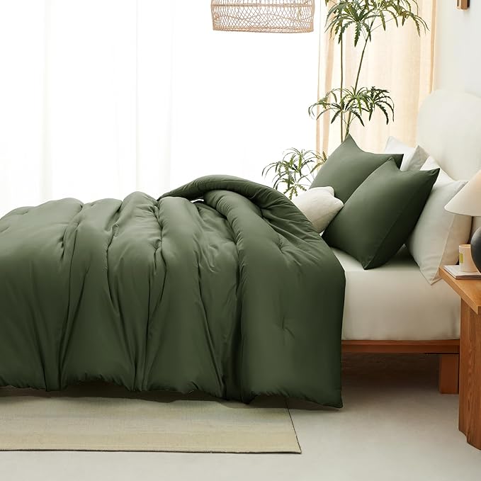 CozyLux Queen Comforter Set Olive Green, 3 Pieces Solid Comforters Queen Size Breathable Bedding Sets, Luxury Soft Lightweight Bed Set with Down Alternative Comforter and 2 Pillowcases All Seasons