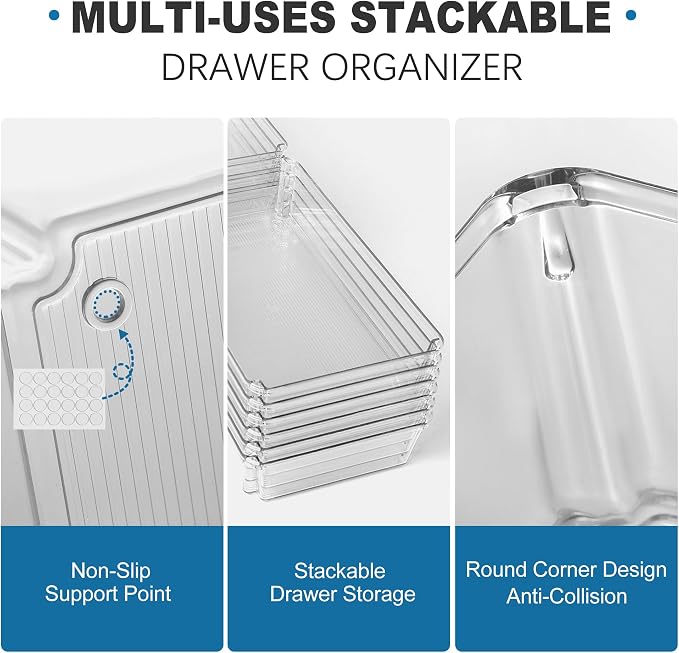 9 PCS Clear Plastic Drawer Organizer Sets, 3 Sizes Vanity Organizer Trays Stackable Storage Bins for Kitchen, Cabinet, Bathroom, Office, Laundry Room Organizing - Image 5