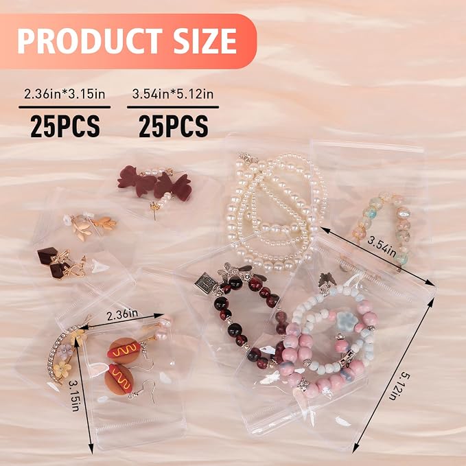 50 Zippered Plastic Jewelry Bags,Small(2.5"x3")and Large(3.5"x5"),Thicker PVC Anti-Tarnish Jewelry Bags Clear Plastic for Gold,Silver,Collectibles,Jewelry Packaging for Business,Travel,Organizing - Image 2