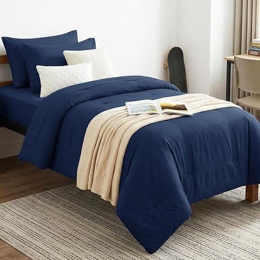 CozyLux Twin Comforter Set Navy Blue, 5 Pieces Bed in a Bag Twin Comforter Set with Sheets, All Season Bed Sets with Down Alternative Comforter, Fitted Sheet, Flat Sheet, Pillow Sham and Pillowcase
