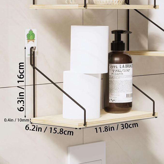 QsQueen Elevate Your Space with Rustic Wood Floating Shelves Set of 3- Perfect for Bedroom, Living Room, Bathroom, and Kitchen Decor - Easy Installation, No Drilling Needed! - Image 3