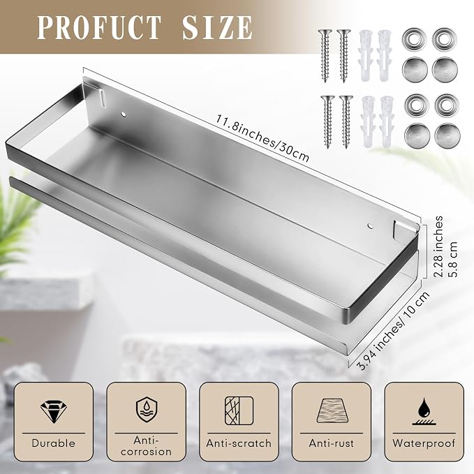 Lallisa 2 Pieces Stainless Steel Shelf Bathroom Shower Floating Shelves Wall Mounted Shower Caddy Basket Shelf Storage Organizer Shelves for Bathroom, Kitchen, Living Room(11.81 Inch/ 30 cm,Silver) - Image 3